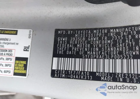 2020 Toyota Corolla L z USA, uszkodzony, nr VIN 5YFDPRAE3LP005232